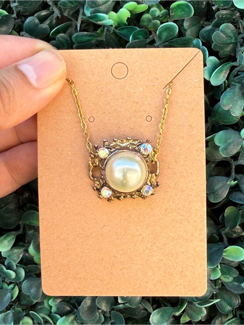 Repurposed Gold Pearl-Center Decorative Pendant Necklace